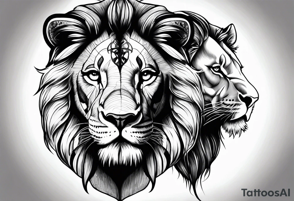 Half lion face half elephant face tattoo idea