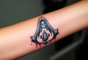 Assassins Creed emblem with Ezio hooded character with blood splashes and weapons as the bottom logo tattoo idea