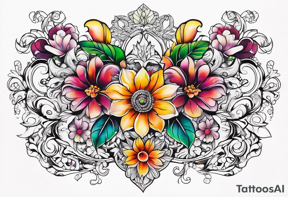 ornaments of flowers chest piece tattoo idea