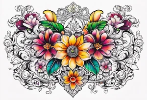 ornaments of flowers chest piece tattoo idea