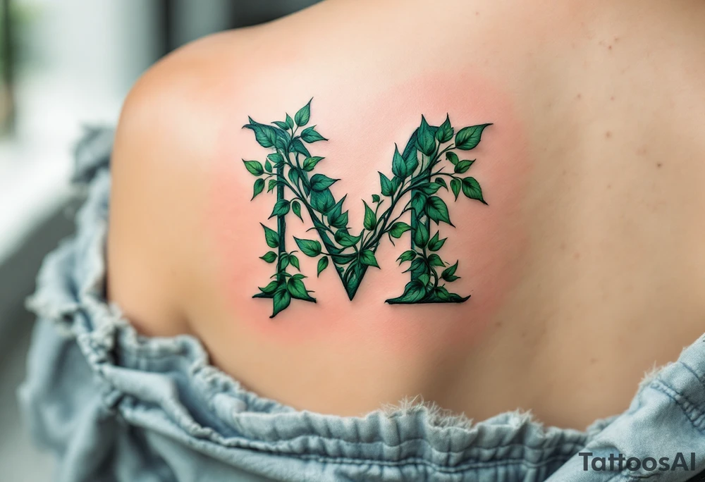 An "M" made of intertwining ivy vines in rich forest green, symbolizing growth. tattoo idea