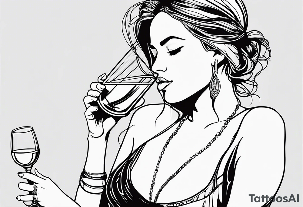 A one line drawing of a women drinking wine and reading a book tattoo idea