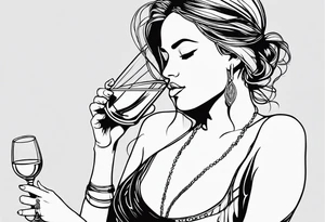 A one line drawing of a women drinking wine and reading a book tattoo idea