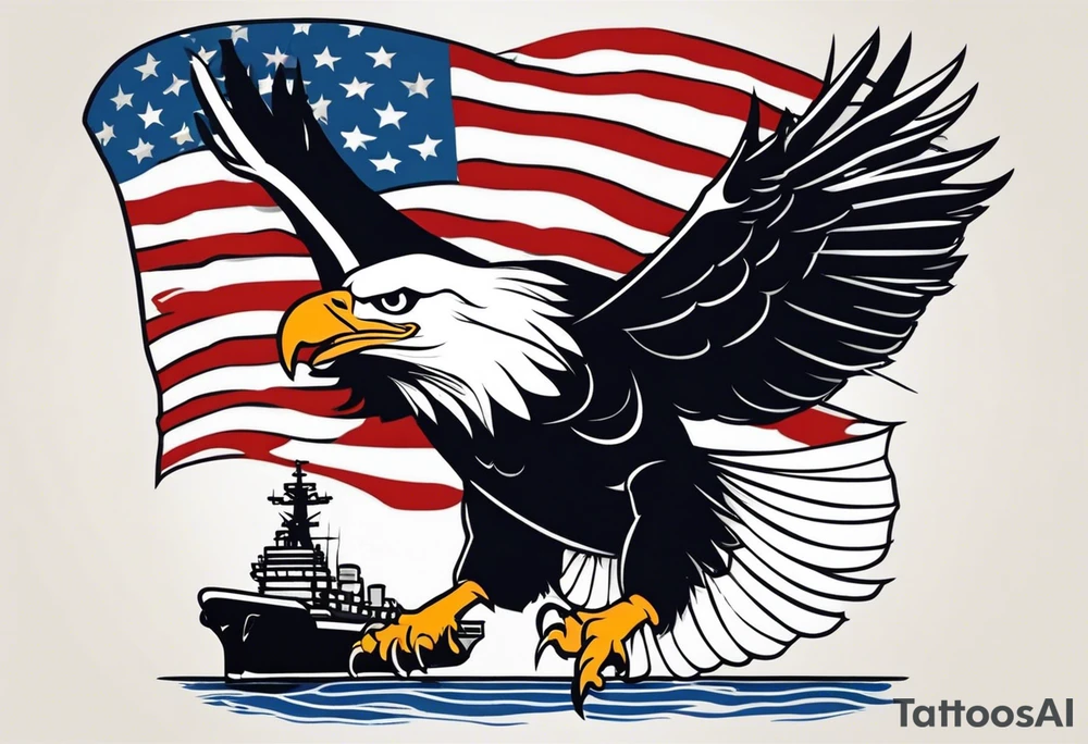 eagle flying in front of aircraft carrier holding American flag in beak tattoo idea