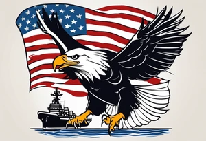 eagle flying in front of aircraft carrier holding American flag in beak tattoo idea