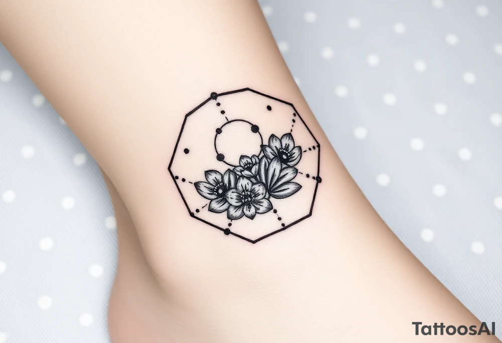 Hexagon with a Leo constellation, larkspur and water lilies in the center tattoo idea