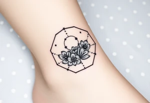 Hexagon with a Leo constellation, larkspur and water lilies in the center tattoo idea