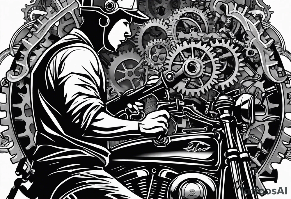Create a silhouette of a mechanic working on a machine, surrounded by mechanical elements like gears and tools. tattoo idea Create a silhouette of a mechanic working on a machine, surrounded by mechanical elements like gears and tools. tattoo idea