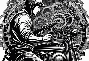 Create a silhouette of a mechanic working on a machine, surrounded by mechanical elements like gears and tools. tattoo idea