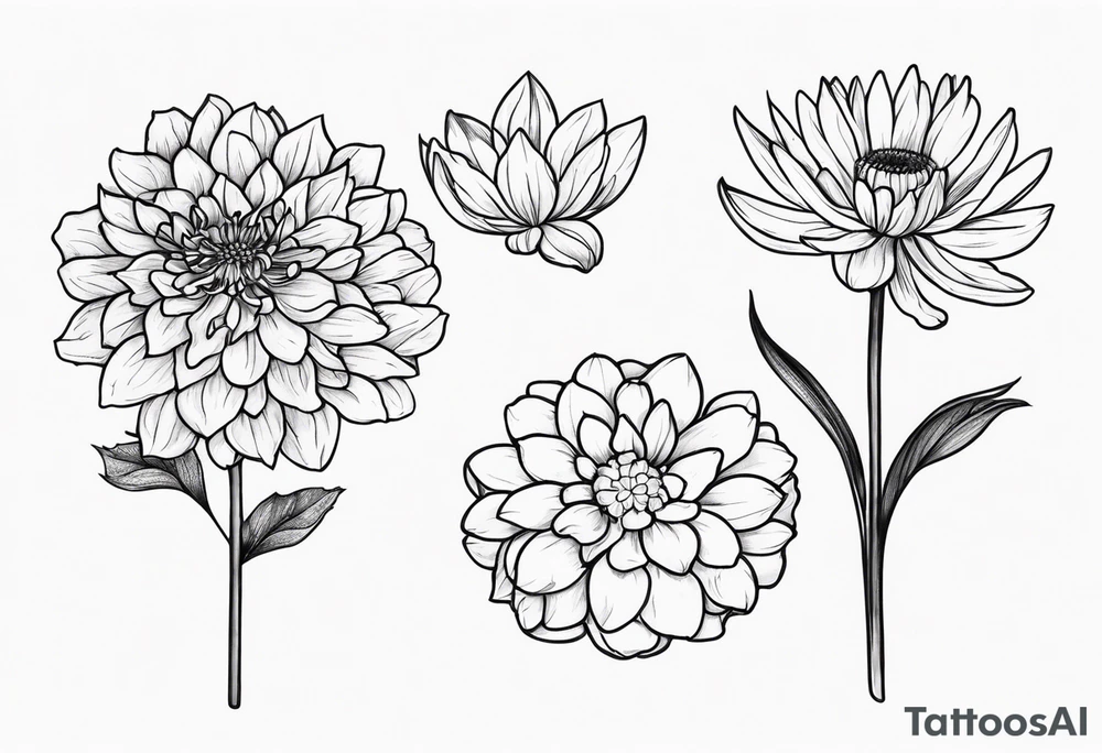 One stemless marigold, chrysanthemum, and
narcissus side by side tattoo idea