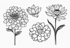 One stemless marigold, chrysanthemum, and 
narcissus side by side tattoo idea