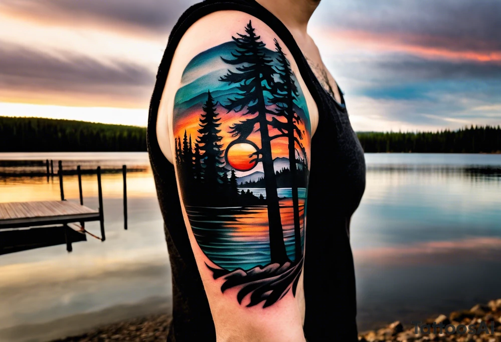 Sleeve tattoo windswept pine tree before lake with low hills on far side of lake. Mastiff silhouette in the foreground. with a dock coming out from the shore. Canadian shield. 
Include the words: "If the sun refused to shine
I would still be loving you
When mountains crumble to the sea
There will still be you and me" tattoo idea