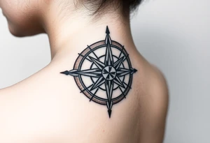Traditional compass rose with no outline, antique bronze colors, for left side of female's neck tattoo idea