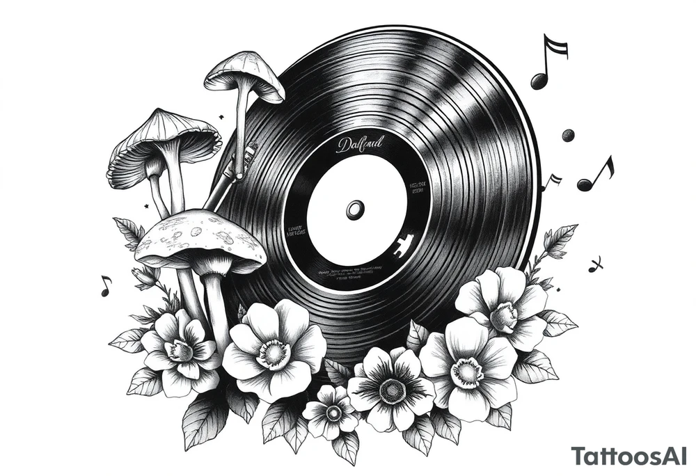 vinyl record player with mushrooms, flowers, and music notes around it tattoo idea