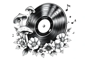 vinyl record player with mushrooms, flowers, and music notes around it tattoo idea