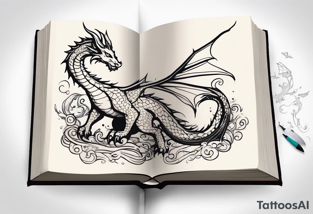 Open book, coming to life, whimsical, dragons tattoo idea