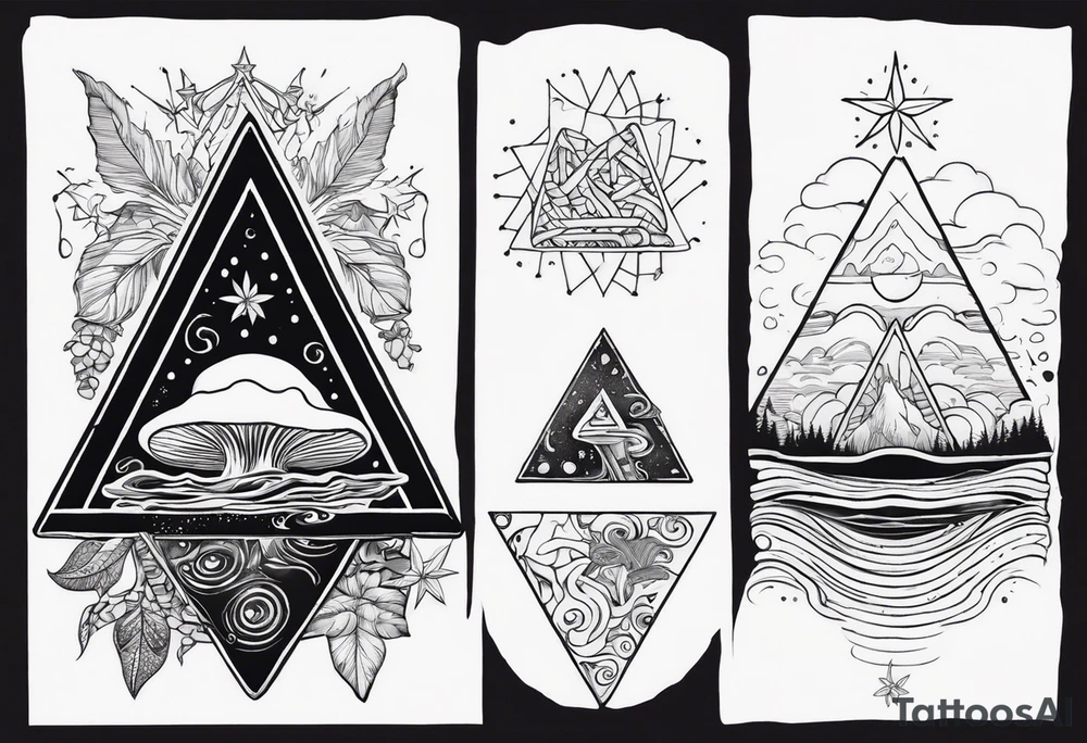 Air element triangle with a father in in.
Water element triangle with a starfish
Fair element triangle with a logs and fire
Earth element triangle with muchrooms tattoo idea