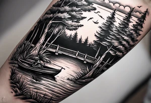 forearm tattoo set on a lake. At the bottom of the tattoo there is a boat dock with a little boy fishing and a little girl reading. There are trees surrounding the lake. tattoo idea