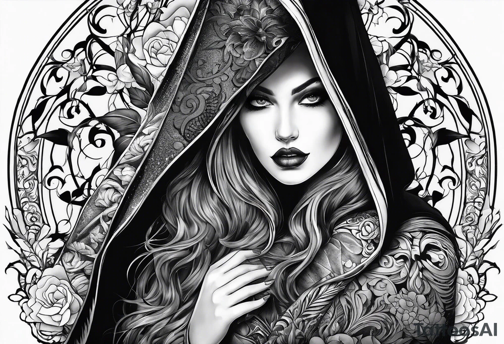 Shadow cloak protecting beautiful dagger tattoo idea