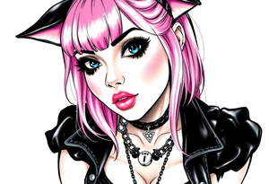 hot goth girl with puppy ears and with piercings on face and big boobs and big butt full body 
 with black outfit on with pink hair tattoo idea