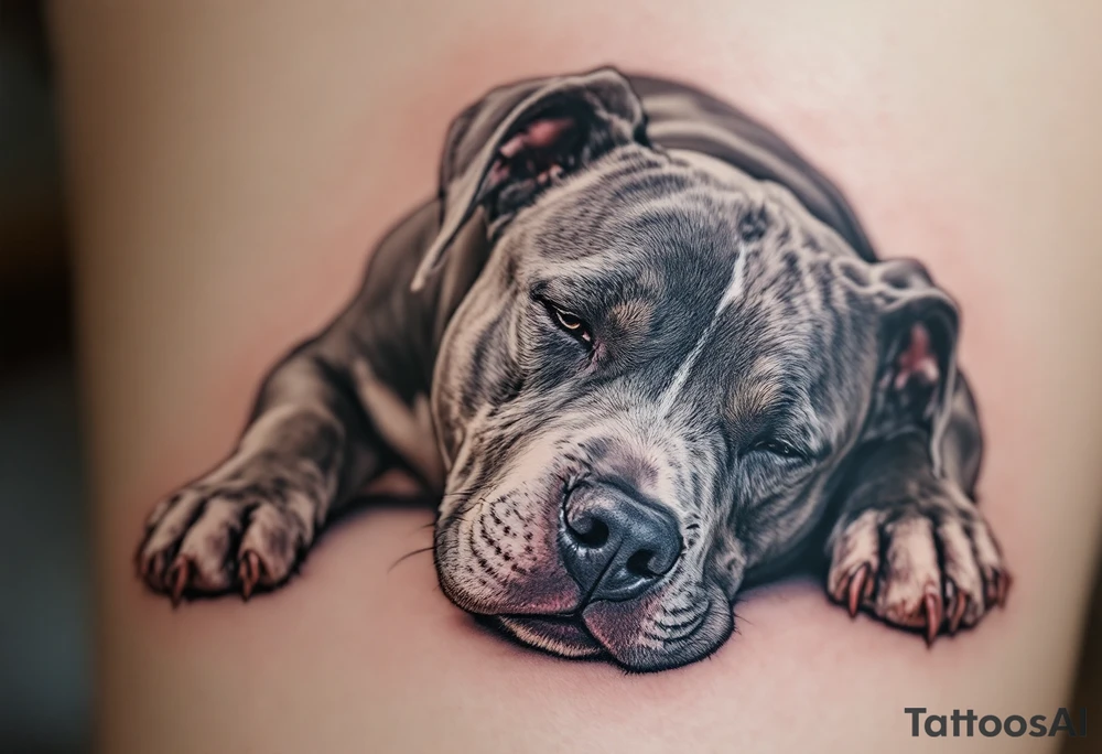 Blue-gray pitbull laying down peacefully, with detailed eyes and smooth muscle lines, in a soft realism style. tattoo idea