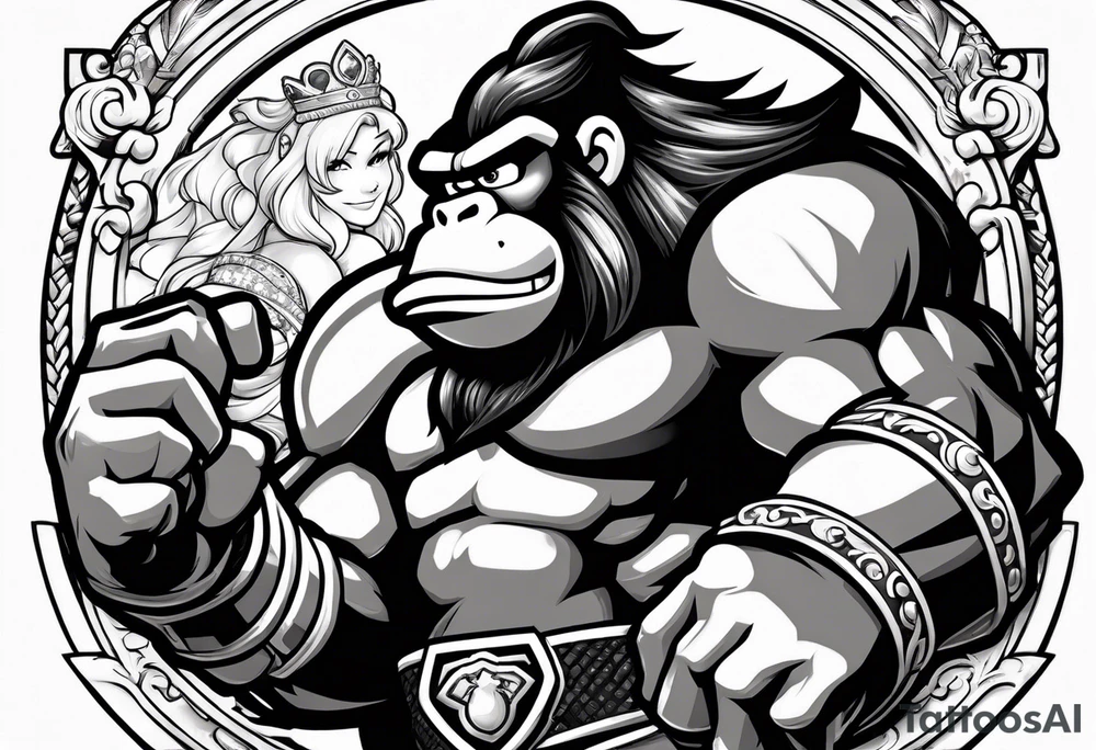 Donkey Kong flexing and holding up sexy Princess Peach tattoo idea