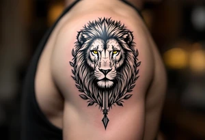 a spiritual lion with yellow eyes that come down an arrow and surrounded by a olive tree leaf around tattoo idea