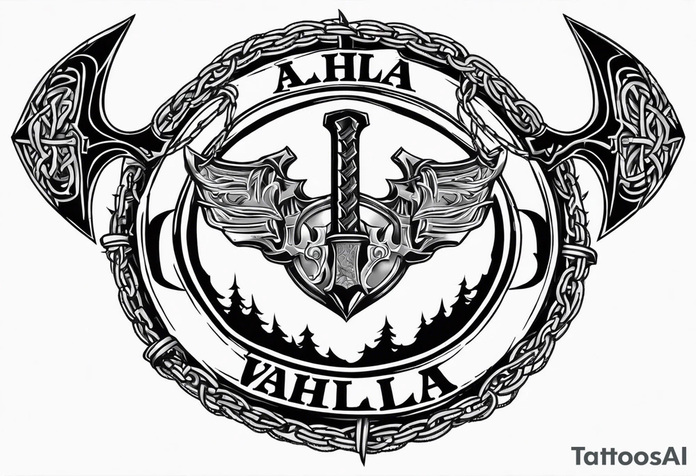Valhalla round shield axe barbed wire chains tattoo idea