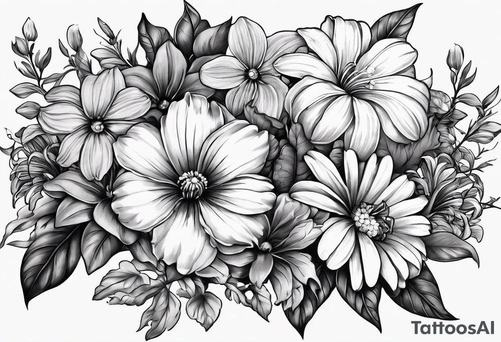 black and gray bunch of flowers that include three violets, one daffodil, five daisies, one rose, one morning glory, two marigolds, one chysanthemum with three of the daisies and the chrysanthemum at the center of the tattoo tattoo idea