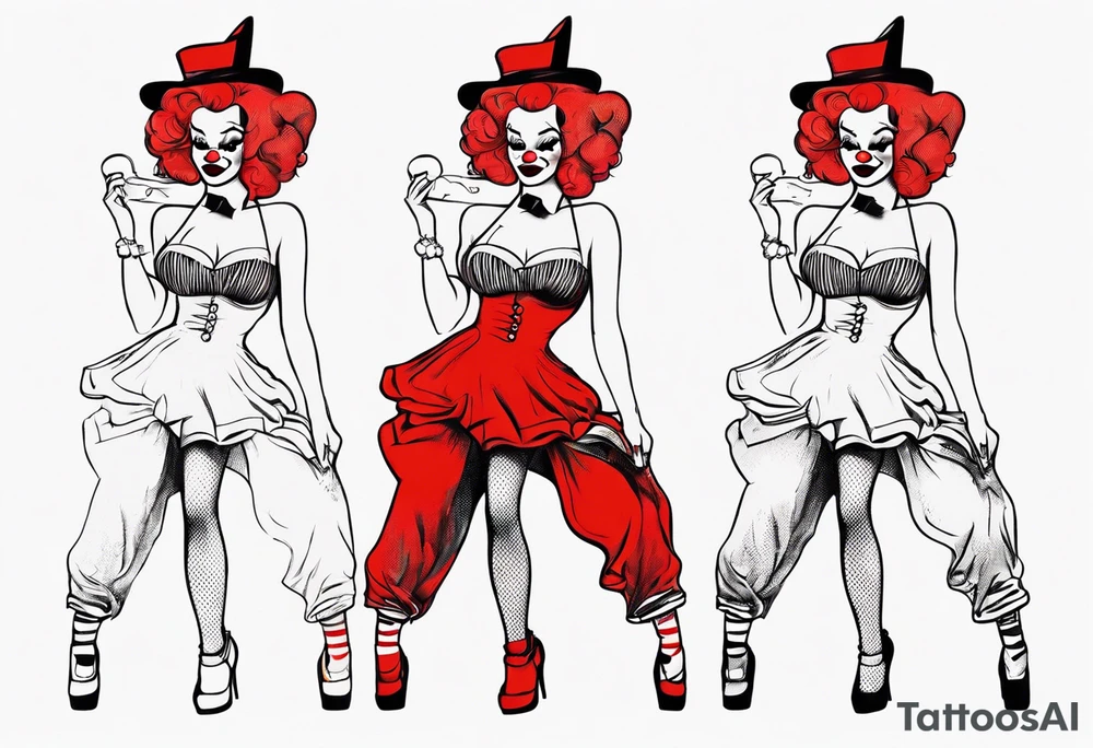 pin up style clown woman full body tattoo idea