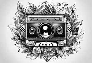 geometric tattoo with music notes, a cassette tape, and
instruments tattoo idea