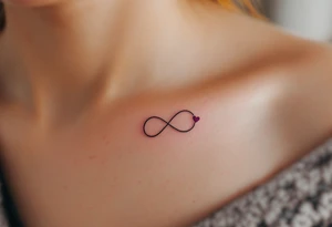 A geometric infinity loop with thin black lines and a tiny magenta heart hidden in the corner. tattoo idea