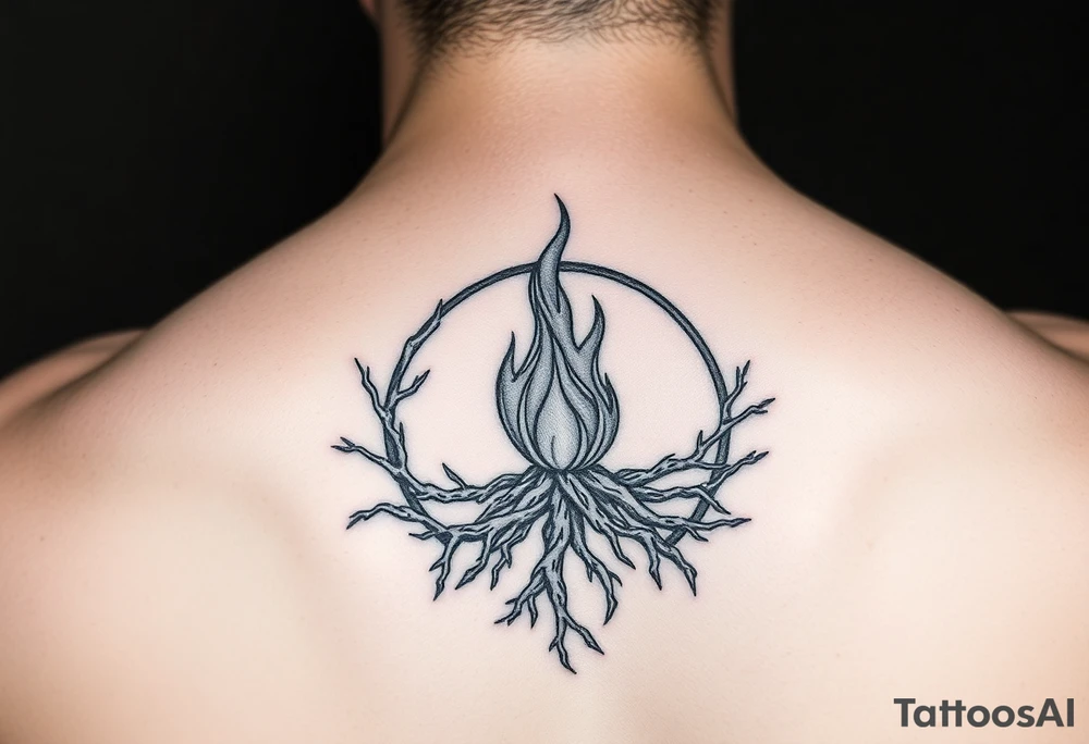 a flame imprisoned in roots circle tattoo idea