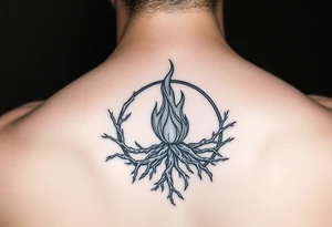 a flame imprisoned in roots circle tattoo idea