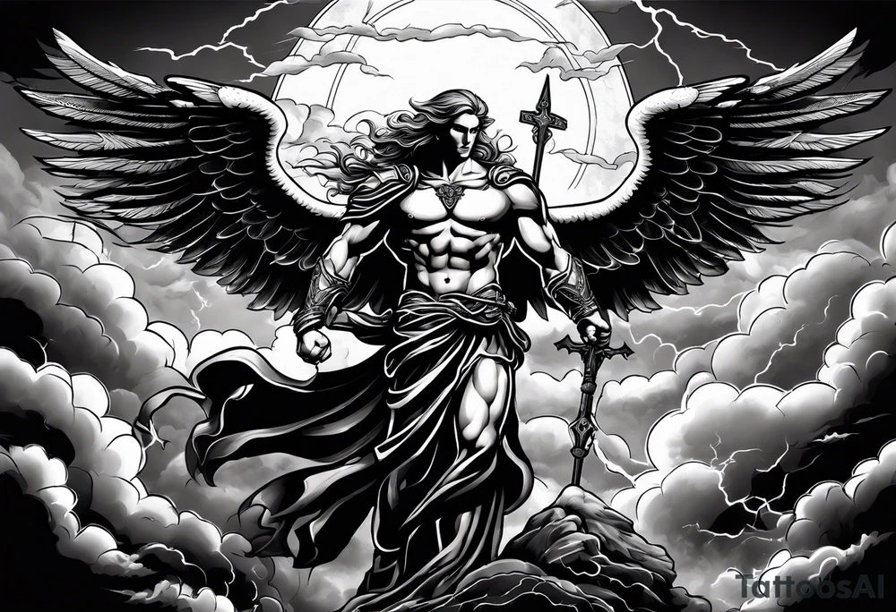 Michael the Archangel standing over the devil.  Clouds and lightning in background. tattoo idea