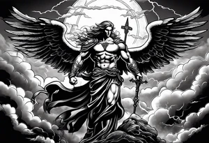 Michael the Archangel standing over the devil.  Clouds and lightning in background. tattoo idea