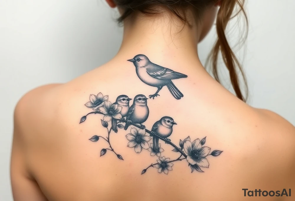Mom bird and three baby birds with flowers tattoo idea