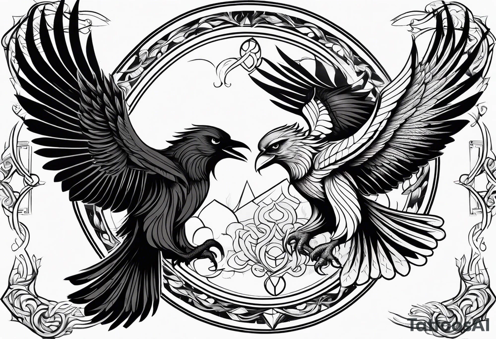 Pheonix and raven fighting with owl flying in at them tattoo idea