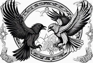 Pheonix and raven fighting with owl flying in at them tattoo idea