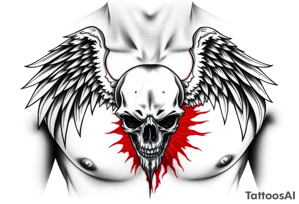 Angel skull black and red on left chest male tattoo idea