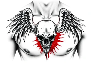 Angel skull black and red on left chest male tattoo idea
