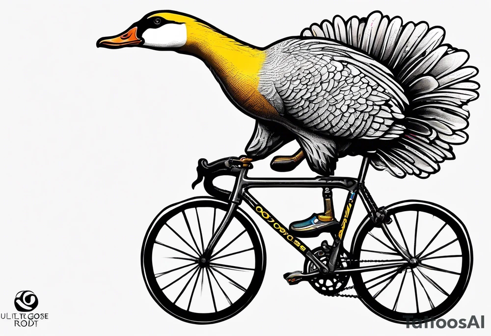 A silly goose riding a drop bar road bike like it’s in the Tour de France tattoo idea