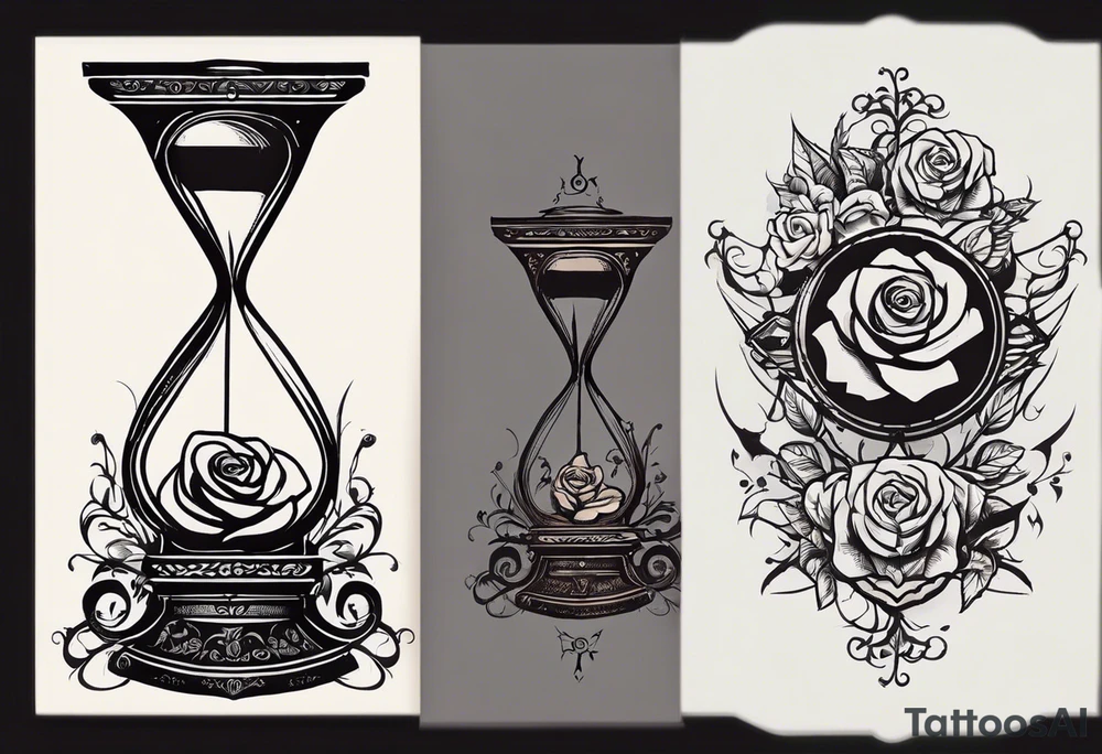 I want a tattoo-inspired design for a t-shirt that features a striking hourglass with a hand clock in the center, where the clock numbers are Amazigh numerals. The hourglass should have a bold, detailed look, with sharp lines and shading. Thorny roses should wrap tightly around the hourglass, with their vines and thorns creating a sense of depth and movement. Planets and stars should be incorporated in a way that they appear to orbit or emerge from behind the hourglass, giving the design a cosmic, timeless feel. The overall aesthetic should be bold and detailed, similar to blackwork tattoo designs, with a mix of natural and celestial elements."
black and whit design tattoo idea