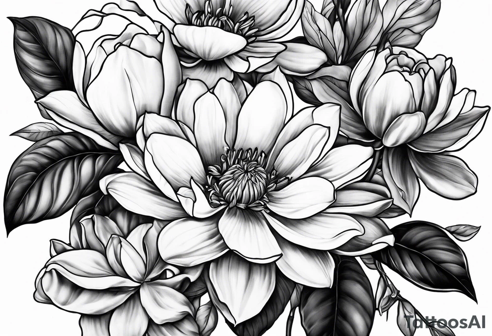 Floral design with a lilac magnolia Azalea Lisanthus sunflower tattoo idea