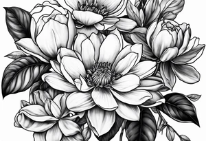 Floral design with a  lilac magnolia Azalea Lisanthus sunflower tattoo idea