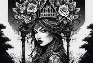 tattoo fool sleeve, destroyed dark gothic castle, tree roots break out of the chains, broken mask, roses tattoo idea