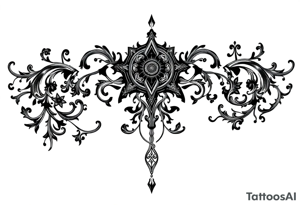 mystical dark and long ornament with witch mytolog and ancient rhyme tattoo idea