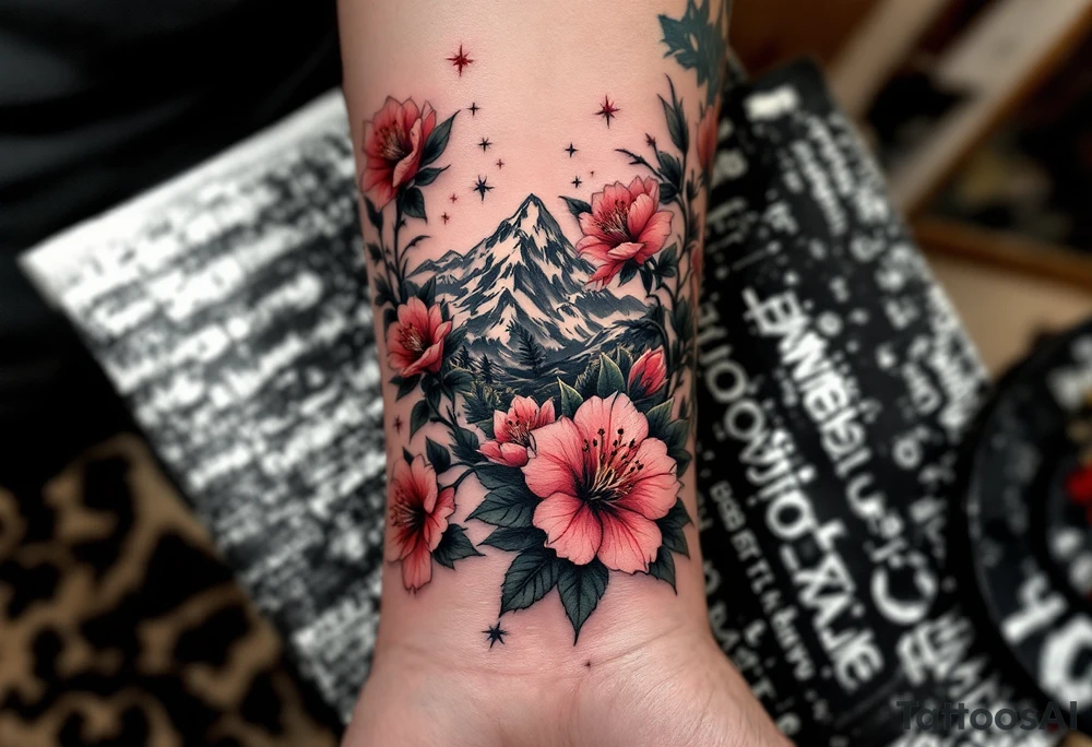 wrap around entire wrist red  and black rhododendron trippy with Himalayas behind tattoo idea