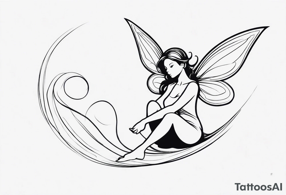 Minimalistic, monochromatic fairy with a tail flying to the left in a fetal position, leaning and looking in the same direction, with visible hands, embodying the 'Fairy Tail' logo aesthetic. tattoo idea