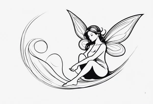 Minimalistic, monochromatic fairy with a tail flying to the left in a fetal position, leaning and looking in the same direction, with visible hands, embodying the 'Fairy Tail' logo aesthetic. tattoo idea